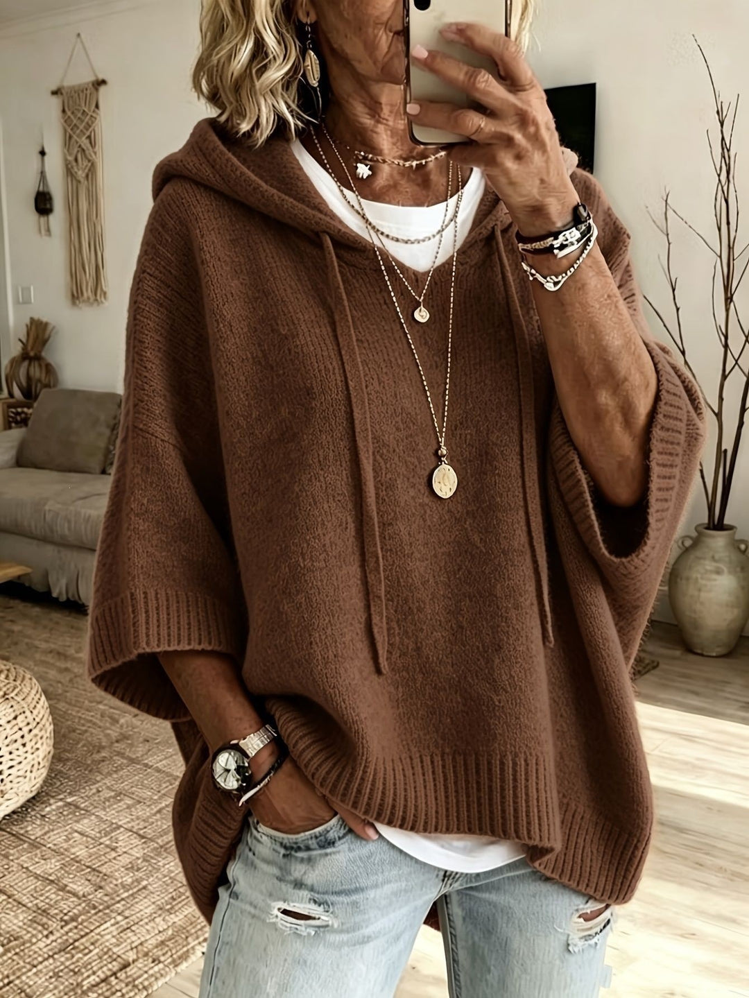 Damen Oversize Kapuzen‑Strickponcho mit halblangen Ärmeln und Blockstreifen Shop Nory
