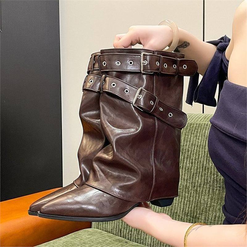 Damen Wadenhohe Wildleder-Slouch-Stiefel mit spitzer Zehenpartie und Zierschnallen Shop Nory