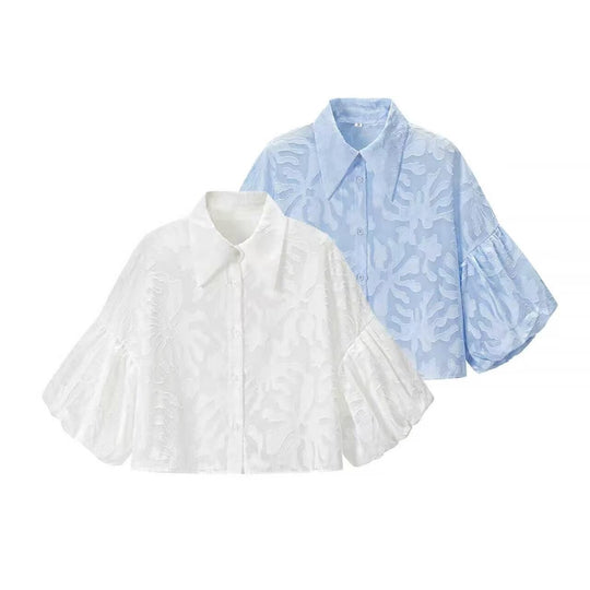 Damen Transparente Organza-Bluse mit weitem Schnitt, Volumenärmeln und Hemdkragen Shop Nory