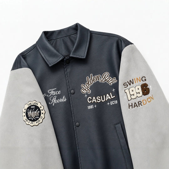 Herren Varsity-Lederoptik Collegejacke mit Kontrastärmeln, gestickten Patches und geripptem Saum Shop Nory