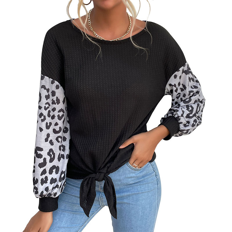 Damen Lässiges Shirt mit Waffelstruktur, Leoparden-Ärmeln und Knotenfront Shop Nory