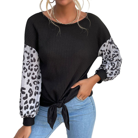 Damen Lässiges Shirt mit Waffelstruktur, Leoparden-Ärmeln und Knotenfront Shop Nory