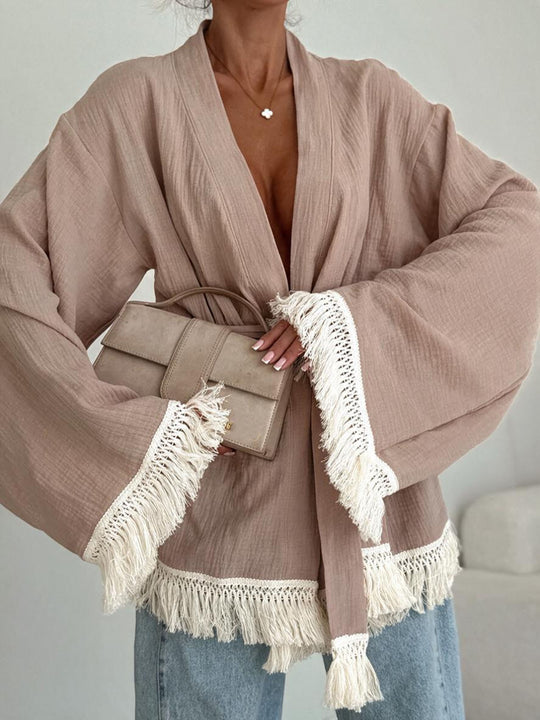 Damen Fransen-Kimono-Jacke aus Leinenoptik mit Taillengürtel Shop Nory