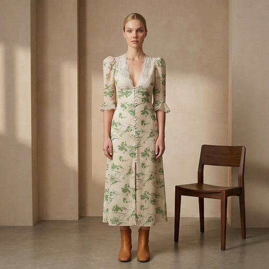 Damen Florales Midikleid mit Spitzen‑V‑Ausschnitt, figurbetonter Taillennaht und Perlenknopfleiste Shop Nory