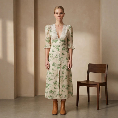 Damen Florales Midikleid mit Spitzen‑V‑Ausschnitt, figurbetonter Taillennaht und Perlenknopfleiste Shop Nory