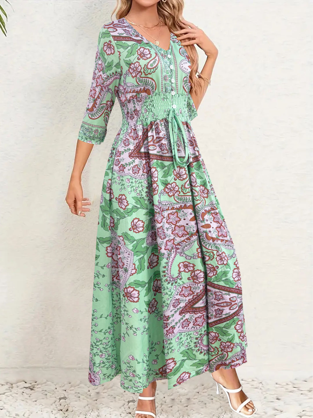 Damen Boho-Maxikleid mit V-Ausschnitt, Knopfleiste und Smokbund Shop Nory