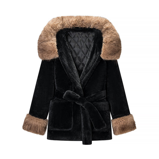 Damen Kurzer Teddy-Kunstpelz-Mantel mit Kapuze, Steppfutter und Bindegürtel Shop Nory