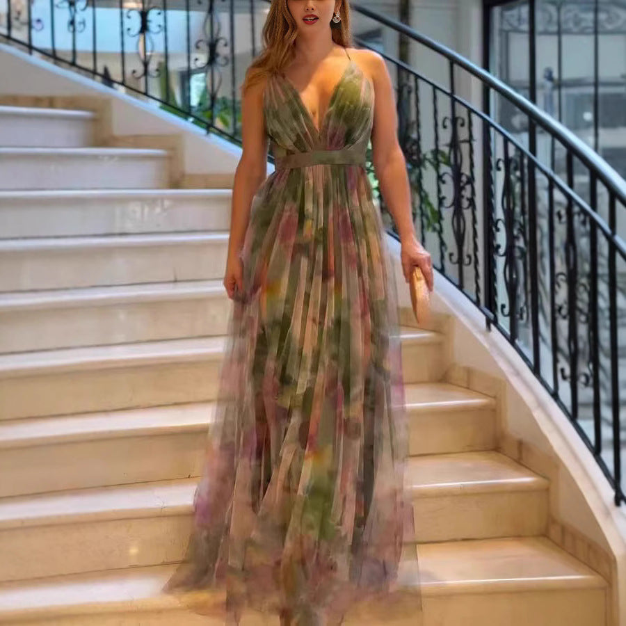 Damen Elegantes Maxikleid mit tiefem V-Ausschnitt und luftigen Stoffschichten