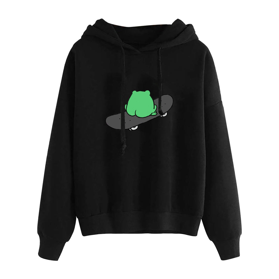 Damen nan kurz geschnittener Cropped-Kapuzenpullover mit niedlicher Frosch-Illustration und verstellbarer Kapuze Shop Nory