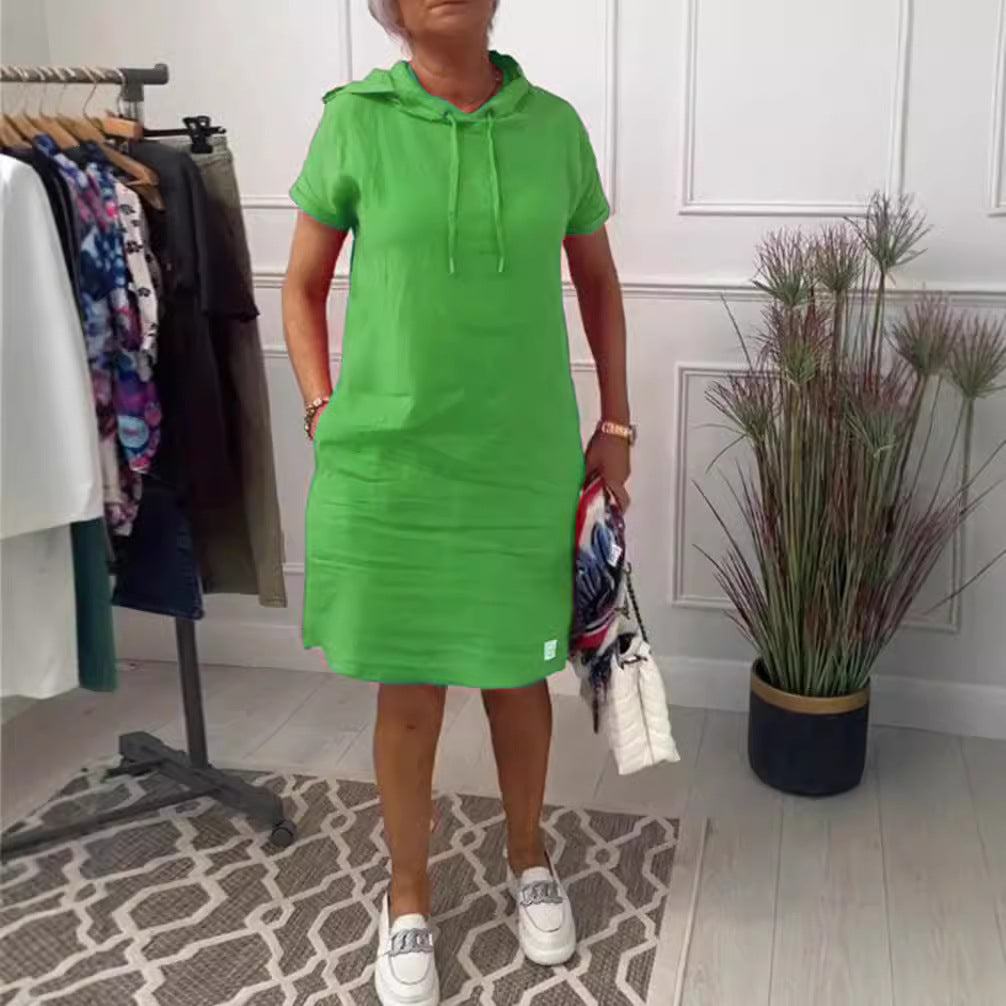 Damen nan legeres Kapuzenkleid mit kurzem Ärmel, geradem Schnitt und Kordelzug