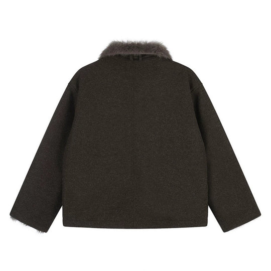 Damen Kurz geschnittene Wolljacke mit Kunstfellbesatz und asymmetrischer Knopfleiste Shop Nory
