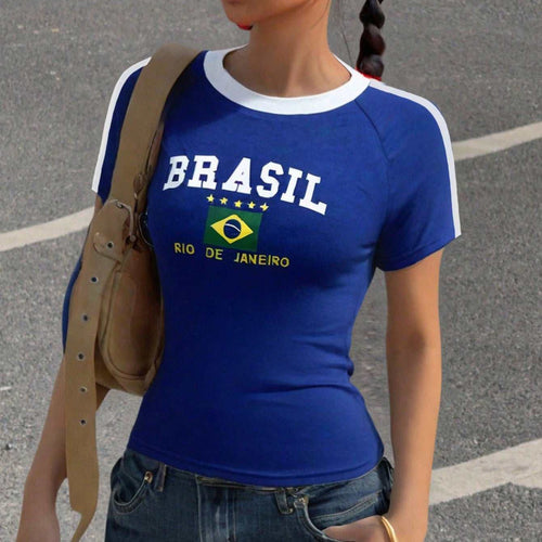 Damen T-Shirt mit kreativem Brasilien-Design und körperbetontem Schnitt Shopnory