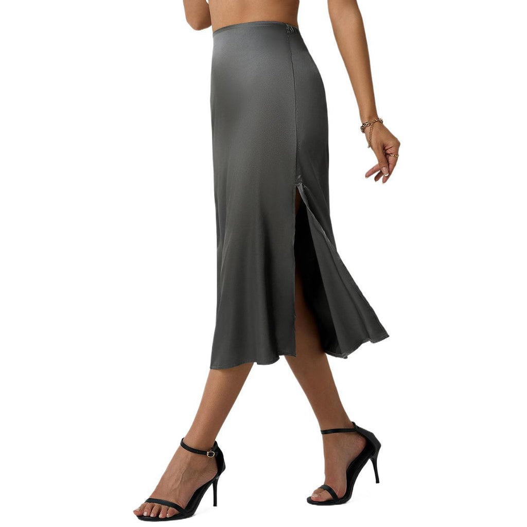 Damen eleganter Satin-Midirock mit fließendem Schnitt und hohem Bund