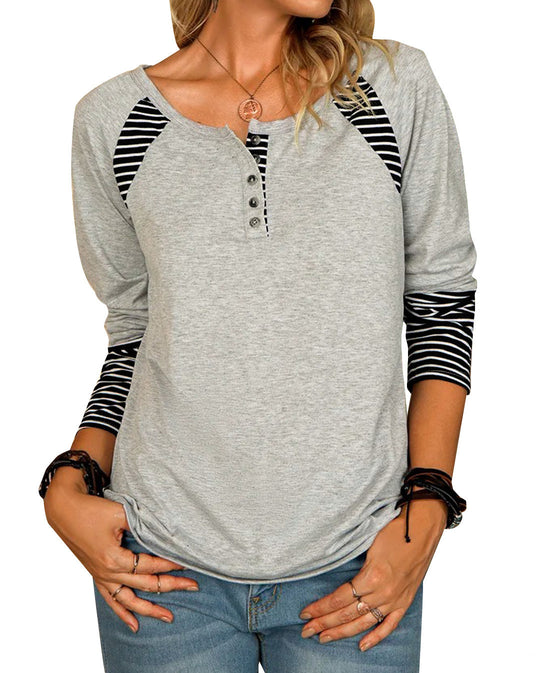 Damen Lässiges Raglan-Henley-Shirt mit Knopfleiste und gestreiften Ärmelbündchen Shop Nory