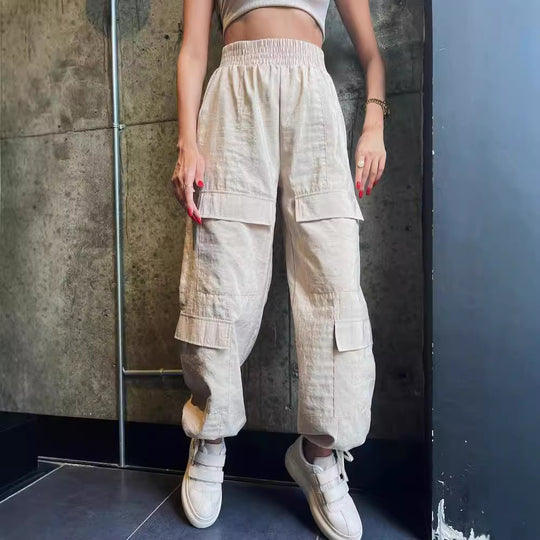 Damen Cargo-Haremshose mit hoher elastischer Taille und aufgesetzten Klappentaschen Shop Nory