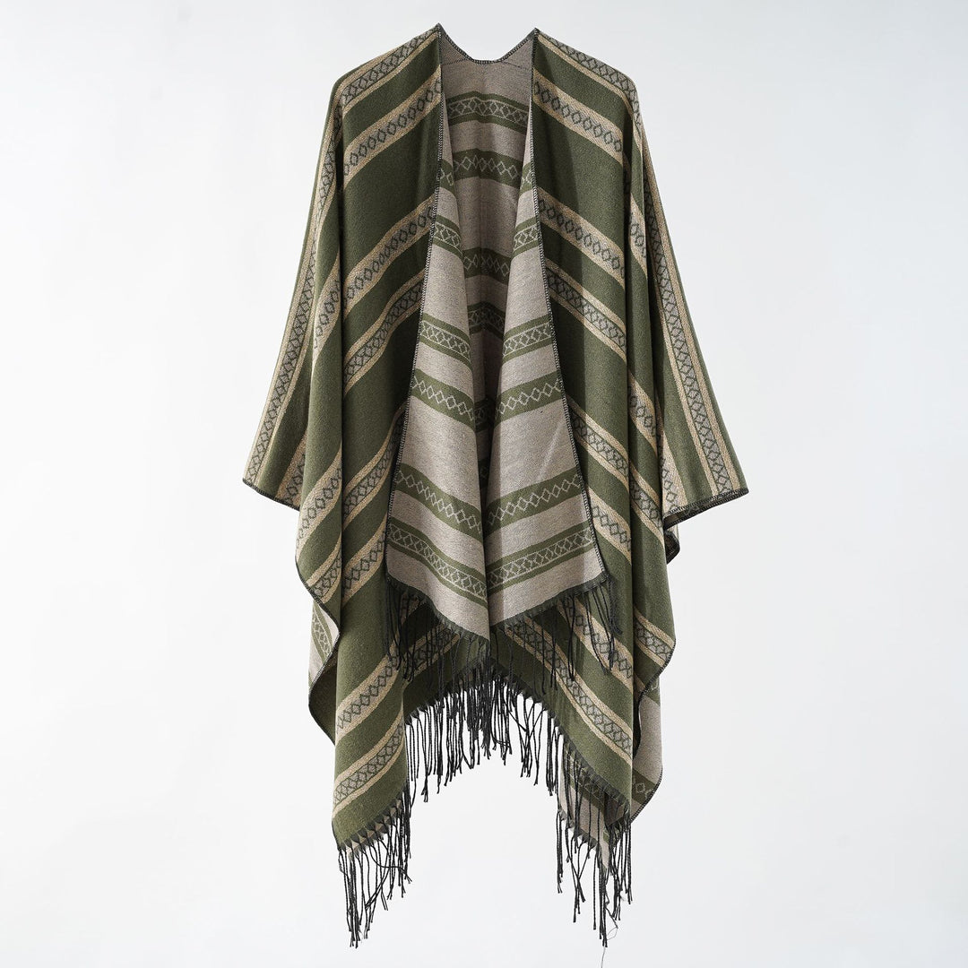Damen Langer Webponcho im Cape-Stil mit Streifen-Jacquard und Fransen Shop Nory