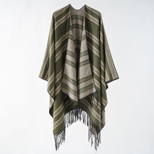Damen Langer Webponcho im Cape-Stil mit Streifen-Jacquard und Fransen Shop Nory