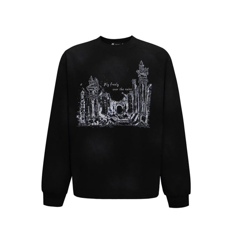 Damen Oversize-Sweatshirt mit Waffelstruktur, Rundhalsausschnitt und Ruinen-Skizzenprint Shop Nory