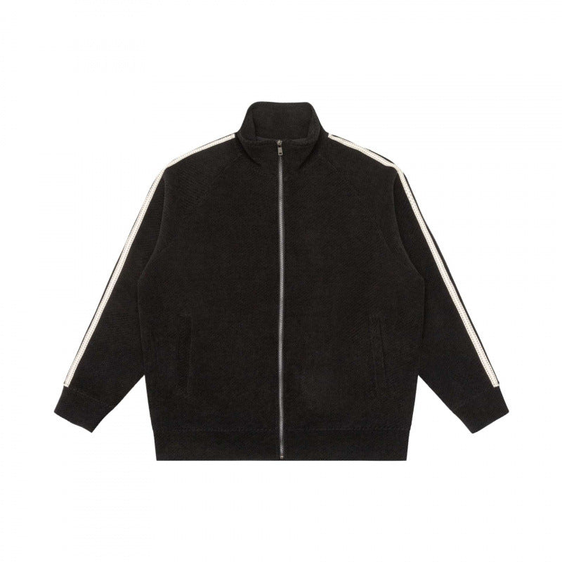 Unisex Oversize-Teddyfleece-Zippjacke mit Stehkragen und Kontraststreifen Shop Nory