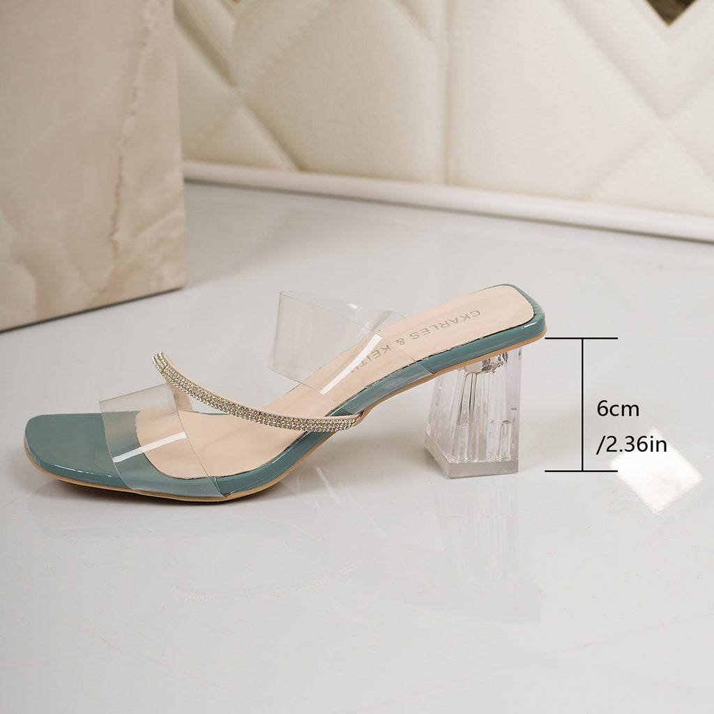 Damen Elegante Sandaletten mit transparentem Riemchen und glitzerndem Blockabsatz