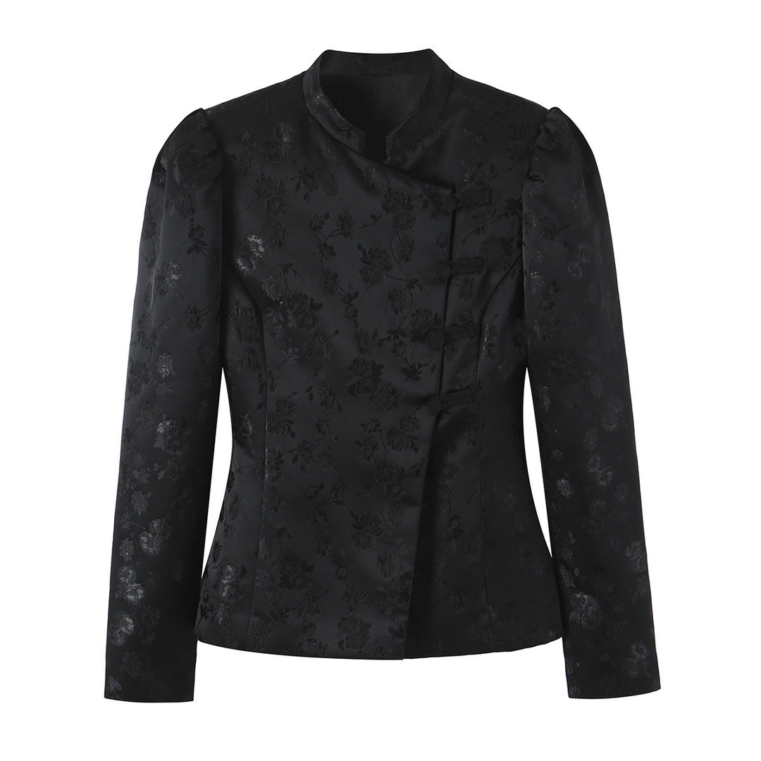 Damen Taillierte Jacquard-Blazerjacke mit Mandarinkragen und Zierknotenverschluss Shop Nory