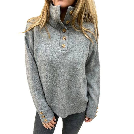 Damen Strickpullover mit hohem Knopfkragen, dekorativer Frontleiste und Zierknöpfen Shop Nory