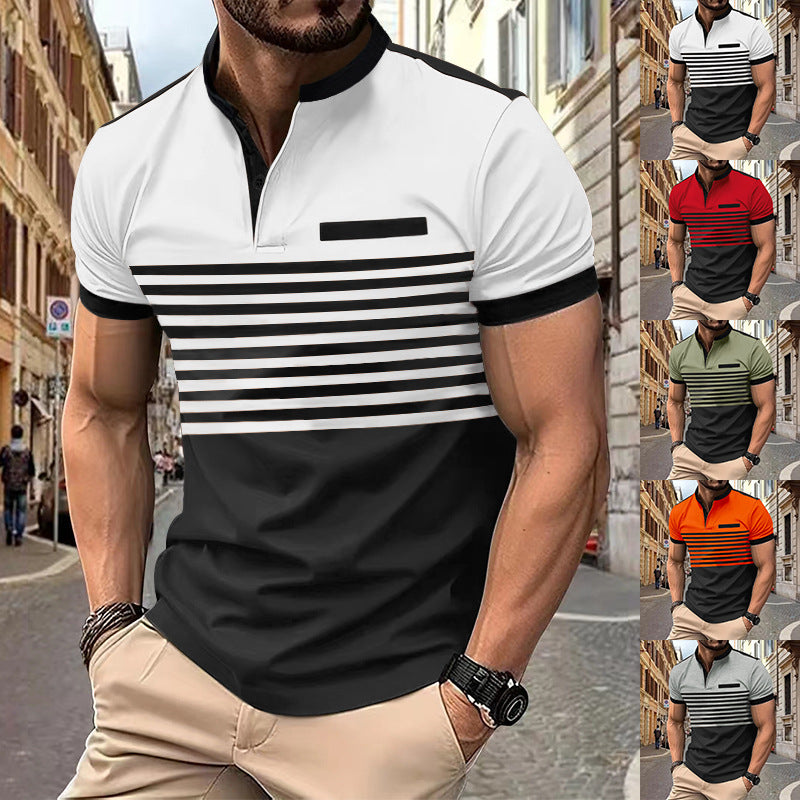Herren nan kurzärmeliges Streifen-Kurzarmshirt mit Knopfleiste, Stehkragen und Brustpaspel Shopnory