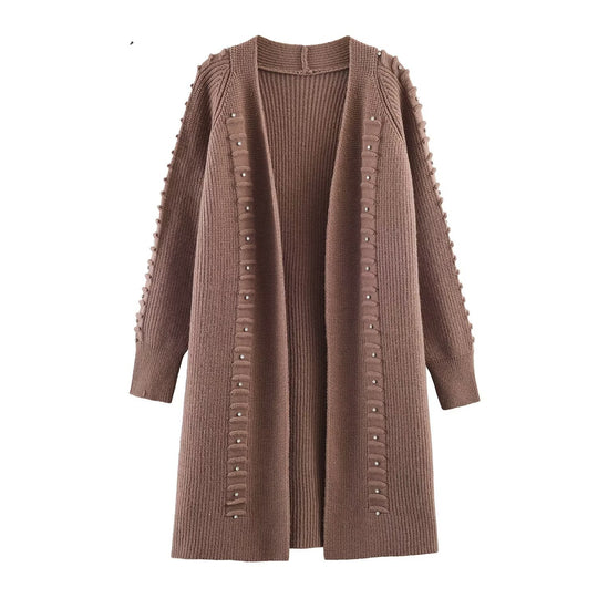Damen Longline Strickcardigan mit Perlen- und Rüschendetail offene Front Shop Nory