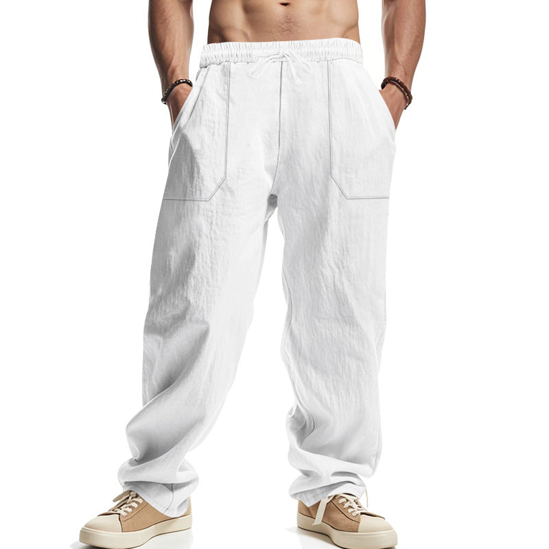 Herren nan lockere Leinenhose mit elastischem Bund, Tunnelzug und großen Eingrifftaschen