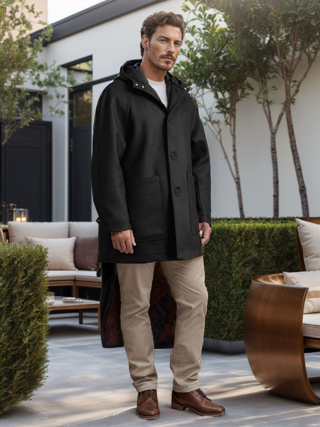 Herren Kapuzenmantel aus Wollmix mit gerader Silhouette, verdeckter Knopfleiste und großen Aufgesetzten Taschen Shop Nory