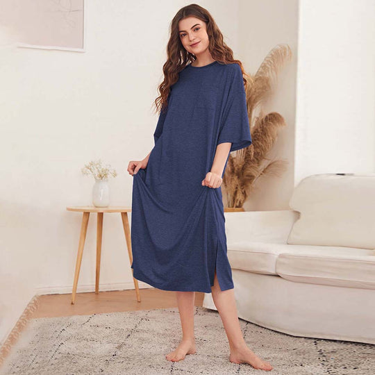 Damen legeres Oversize-Nachthemd mit Brusttasche und seitlichen Schlitzen Shop Nory