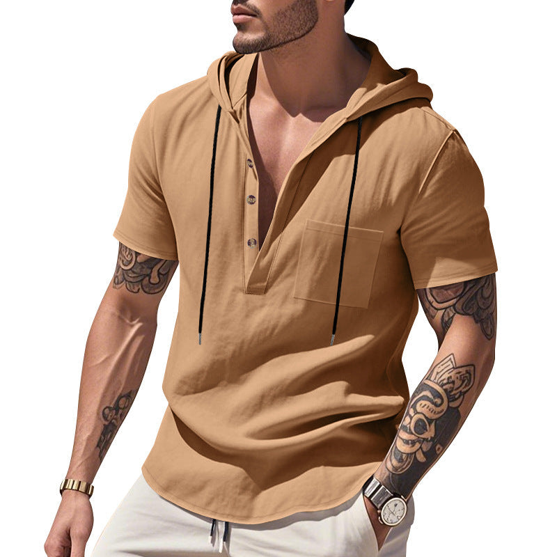 Herren nan legere Kurzarm-Kapuzen-Henley aus Single-Jersey mit Brusttasche und Kontrastkordel