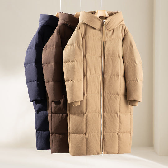 Damen Lang geschnittener wattierter Stehkragen-Mantel mit Zwei-Wege-Reißverschluss Shop Nory