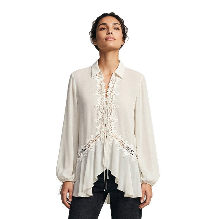 Damen Transparente Chiffonbluse mit Spitzenbesatz, Bindeband & asymmetrischem Volant-Saum Shop Nory