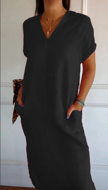 Damen lässiges V-Ausschnitt Kleid mit praktischen Taschen