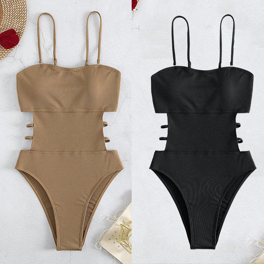 Damen Hochgeschnittener Einteiler Badeanzug mit trendigen Schnürdetails Shopnory