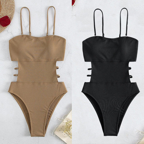 Damen Hochgeschnittener Einteiler Badeanzug mit trendigen Schnürdetails Shopnory