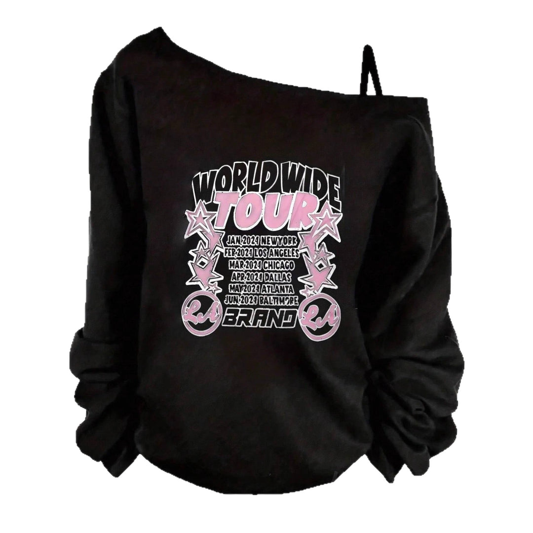 Damen nan asymmetrisches Off-Shoulder Sweatshirt mit Tour-Print und oversized Passform Shop Nory