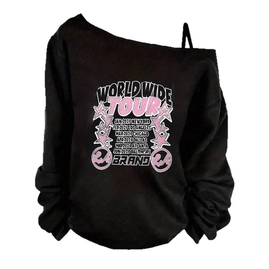 Damen nan asymmetrisches Off-Shoulder Sweatshirt mit Tour-Print und oversized Passform Shop Nory
