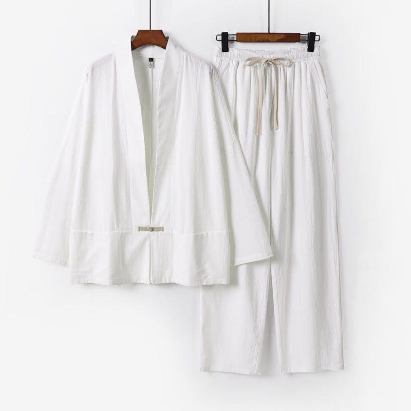 Herren Zen-inspiriertes Kimono-Loungewear-Set aus leichter Baumwollmischung mit offenem Schnitt und Kordelbundhose Shop Nory