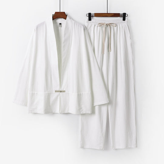 Herren Zen-inspiriertes Kimono-Loungewear-Set aus leichter Baumwollmischung mit offenem Schnitt und Kordelbundhose Shop Nory