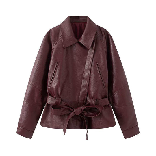 Damen Kurzjacke aus Kunstleder mit Taillengürtel und Hemdkragen Shop Nory