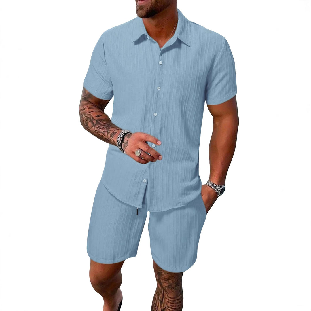 Herren nan luftiges Kurzarm-Hemd mit offenem Revers und passender Freizeishorts aus strukturierter Baumwollmischung Shopnory