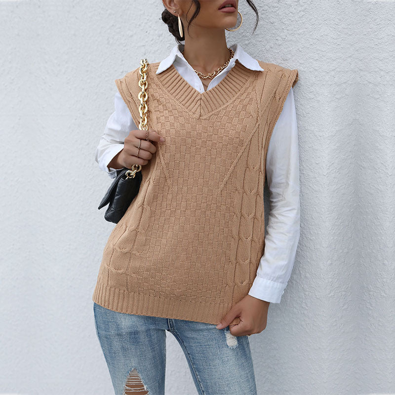 Damen Strick-Weste mit V‑Ausschnitt, Zopfmuster und lässiger Oversize-Silhouette Shop Nory