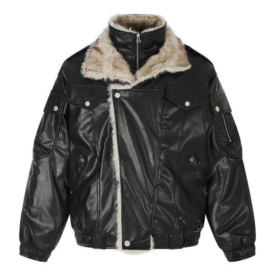 Damen Oversize Kunstleder-Fliegerjacke mit Teddyfutter und Stehkragen Shop Nory
