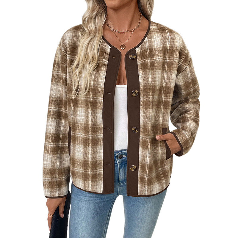 Damen Kariertes Übergangsjacke mit Rundhals, Kontrastbesatz und Knopfleiste Shop Nory