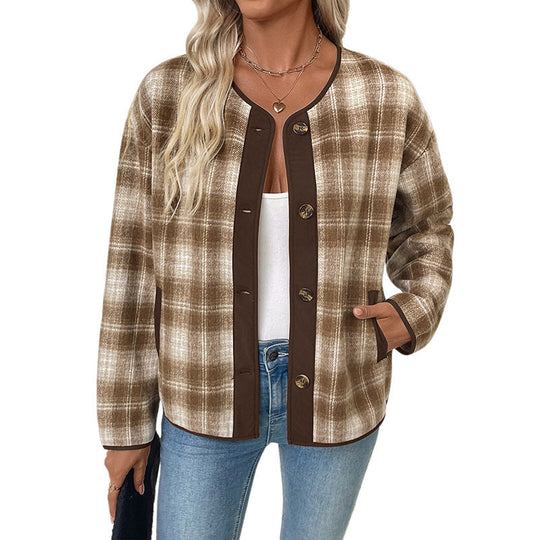 Damen Kariertes Übergangsjacke mit Rundhals, Kontrastbesatz und Knopfleiste Shop Nory