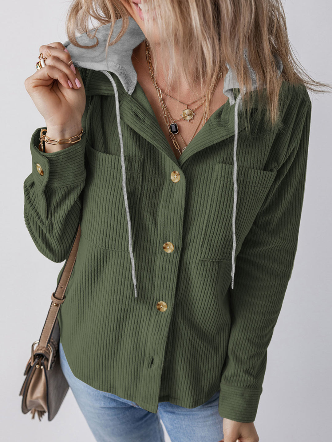 Damen Gerippte Hemdjacke mit Kapuze, Knopfleiste und aufgesetzten Taschen Shop Nory