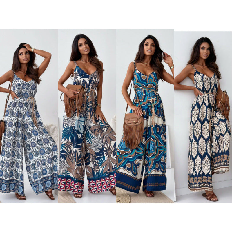 Damen Jumpsuit mit floralem Design und taillierbarem Gürtel Shopnory