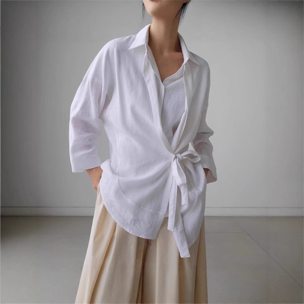 Damen Wickel-Langbluse aus Leinenmix mit Seitenschleife und Oversize-Schnitt Shop Nory